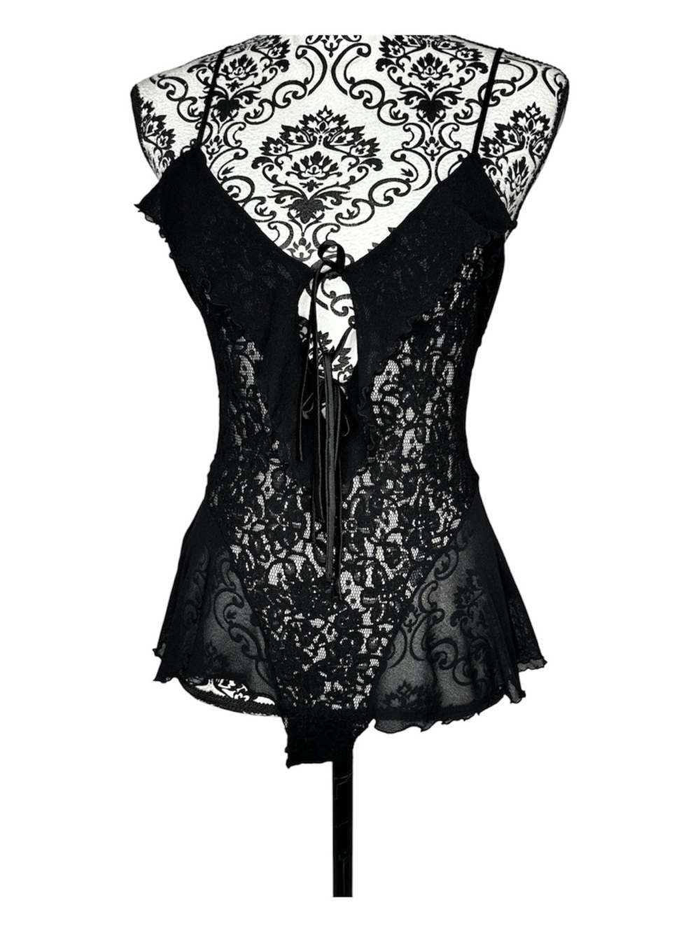 Vintage Victoria's Secret Women's Black Lace Bodysuit Lingerie with Tie Front M